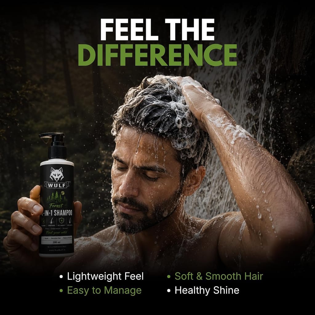 A man rinses foam from his hair under a forest waterfall