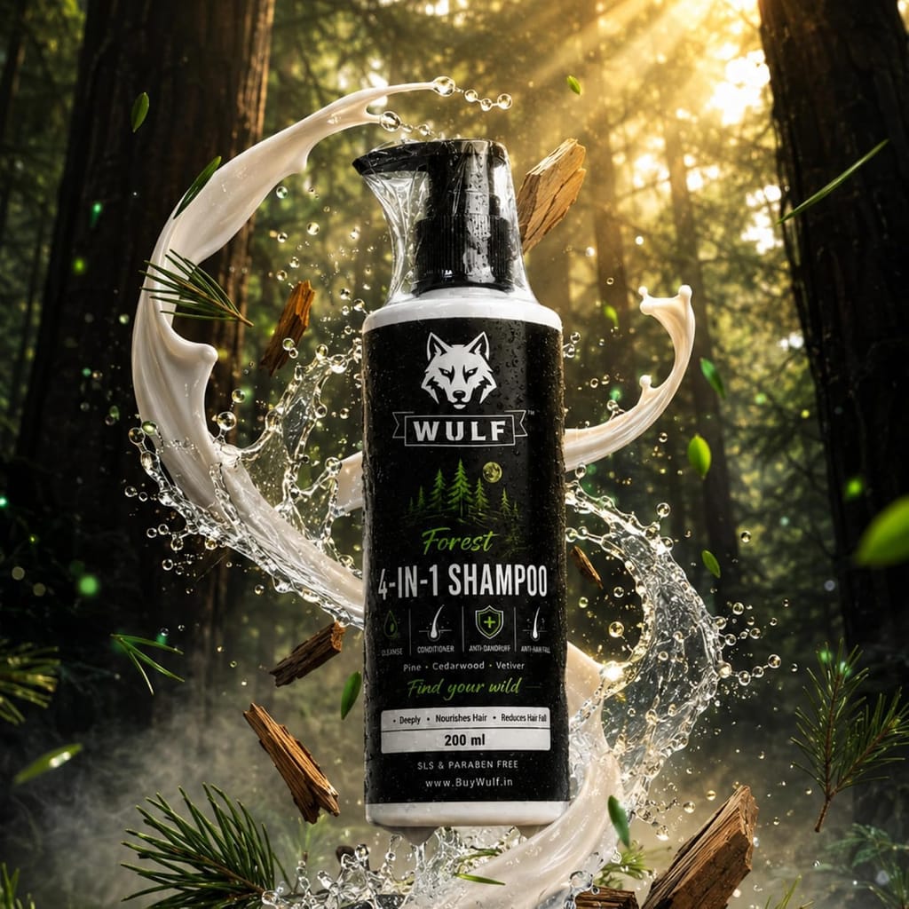 Wulf Forest 4-in-1 Shampoo bottle in a forest with a splash of cream shampoo