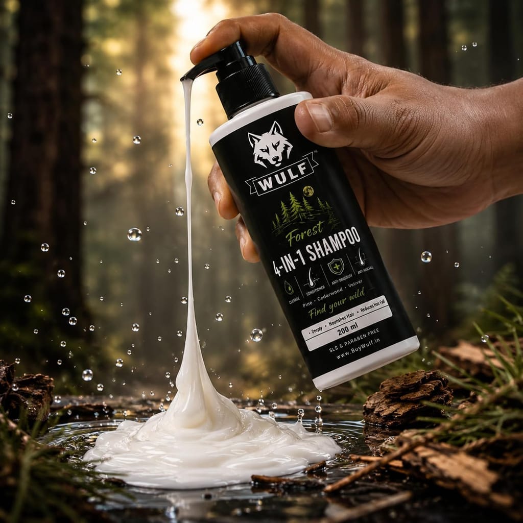 A hand pumps Wulf Forest shampoo onto a forest floor